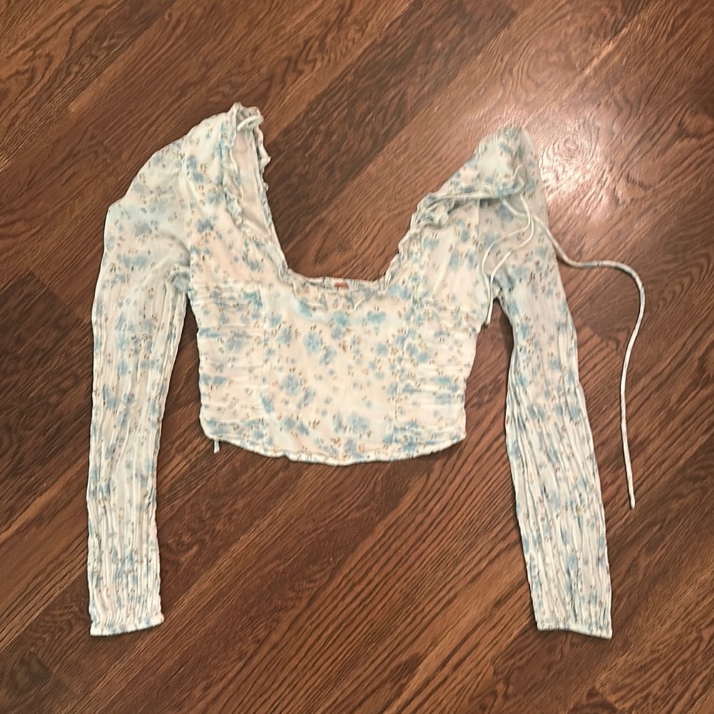 Free People Blue and White Ruched Crop Blouse